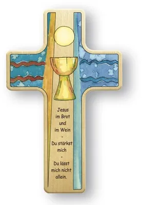 Produktbild von Holzkreuz Kelch u.Hostie 18 cm mit Text: Jesus im Brot ...