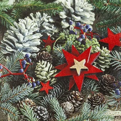 Obrázek produktu pro 20 ubrousků Hvězdy a šišky - Hvězdy v kuželovém věnci 33x33cm