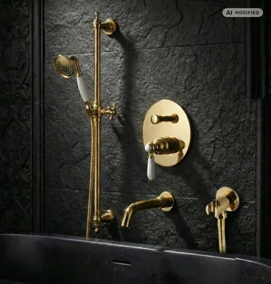 Produktbild von PaulGurkes Unterputz Set Gold Badewannen-Armatur mit Brausestange UP-Armatur