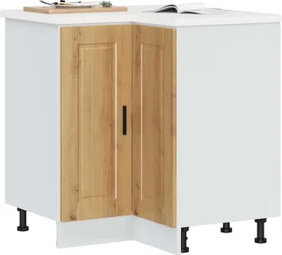 A white corner kitchen cabinet with two wooden doors and black handles, standing on black legs.
