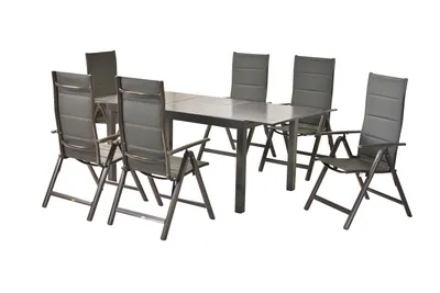 Obrázek produktu pro Merxx Zahradní nábytek Taviano 7dílný, 6 skládacích křesel, rozkládací stůl 150 (200) x 90 cm, deska stolu hliník - hliník/textil