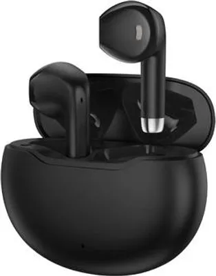 A pair of black wireless earbuds and their charging case are shown.