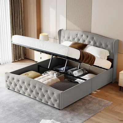 Produktbild von Polsterbett 140x190 cm mit Stauraum, Samtbett mit Lattenrost, Doppelbett mit gepolstertem Kopfteil, Chesterfield-Optik, Bettgestell Grau, ohne Matratze