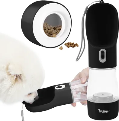 A collage showing a portable dog water bottle and food dispenser, with a dog drinking from it and a separate image of the food compartment.
