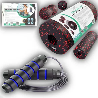 Produktbild von Training Set - Faszien set und Springseil 2,8m - Faszienrolle, Minirolle, Faszienball, Duoball - jump rope mit Schaum Griffe & Verstellbares Seil