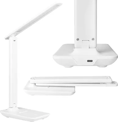 A white LED desk lamp is shown in multiple configurations against a white background.