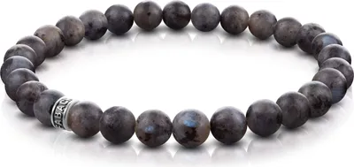 Produktbild von FABACH Labradorit Perlenarmband mit 6mm Edelstein-Perlen und 925 Sterling Silber Logo-Perle - Edles Naturstein Stretch-Armband für Damen (Grau-Schwarz)