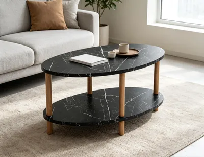 Produktbild von 2-Tier Couchtisch oval aus Holz,Moderner Beistelltisch Kaffeetische Mitteltisch für Wohnzimmer Schlafzimmer 70x40x43cm Schwarz