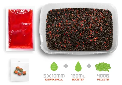 Produktbild von DELPHIN Pellet box Delphin Reaxe READY&GO Fr. Würstchen–Chili/400g+120ml booster+10mm waft