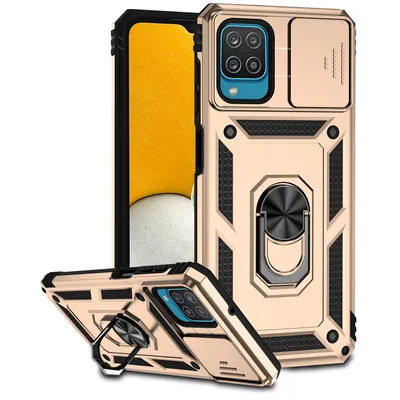 Immagine prodotto di Custodia per Samsung Galaxy A12 a doppio strato con copertura scorrevole della fotocamera e supporto ad anello Oro