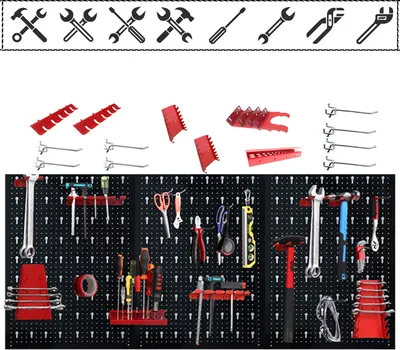 Produktbild von UISEBRT Werkzeuglochwand Werkzeugwand Lochwand aus Metall mit 17 teilge Hakenset 120 x 60 x 2 cm Schwarz und Rot für Werkstatt