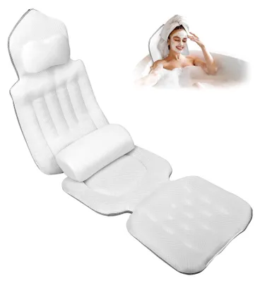 Produktbild von Badewannenkissen mit zusätzlichem Lendenkissen · 144 Saugnäpfe · 4D weiches Badekissen Set mit Kopfstütze und abnehmbarem Zusatzkissen · 133x41 cm · Inklusive Waschbeutel (Weiß)
