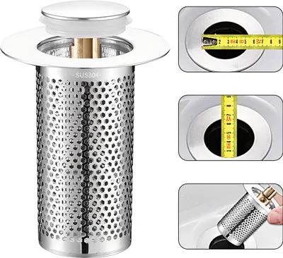 Produktbild von 2er-Set Waschbecken-Stöpsel mit Haarfänger, Pop-up Abflussfilter aus Edelstahl mit herausnehmbarem Filterkorb, ideal für Waschbecken als Ersatz.