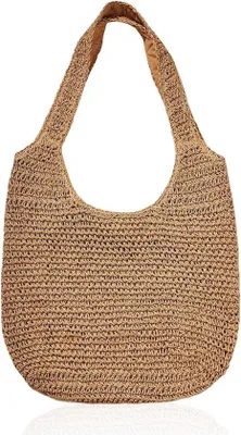 Produktbild von Strohtasche – Handgewebte Strandtasche – Große Kapazität – Schulterriem – Sommeraccessoire – Schlicht und elegant – Tragetasche