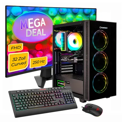 GAMEMAX Gaming-PC MegaDeal Draco XD Komplett SET 2694 7794 Ryzen 5 5500 16GB RAM 1TB SSD RTX 5060 Windows 11 + MSI MAG 32C6X Gaming Monitor Curved 32"