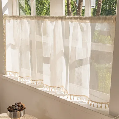 Produktbild von Scheibengardine Boho Vintage Halbtransparent Creme Bistrogardine mit Quaste Kurze Vorhang für Küche Wohnzimmer Schlafzimmer, 1 Stück, BxH:140x46cm