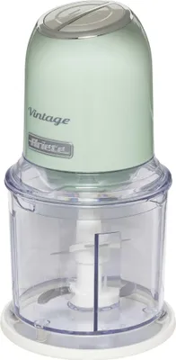 A close-up studio shot of a mint green and clear food chopper.