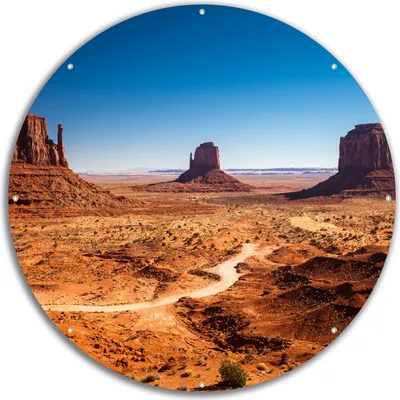 Produktbild von Wallario rundes Outdoor-Poster für Garten oder Balkon, Motiv Monument Valley unter blauem Himmel, 60 cm Durchmesser