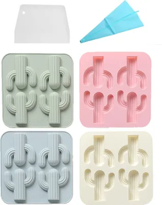 Produktbild von Set mit 4 Kaktus-Pflanzen-Silikonformen, 3D-Wüstenpflanze-Silikonform, DIY-Fondant-Schokoladen-Kuchenform, Keks-Pudding-Dekoration, Backwerkzeug, mit Spritzbeutel und Schaber