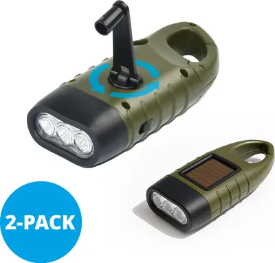Produktbild von FlinQ Handkurbel-Taschenlampe 2er-Set – LED-Dynamo – wiederaufladbar durch Kurbel – wasserdicht – Notfalllicht – batterielos