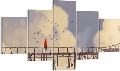 Produktbild von Bild auf Leinwand - Leinwandbild - Wolken Brücke Vögel Landschaft - 125x70cm - Wand Bild - Wanddeko - Leinwanddruck - Bilder - Kunstdruck - Wanddekoration - Leinwand bilder - Wandkunst - EA125x70-3200