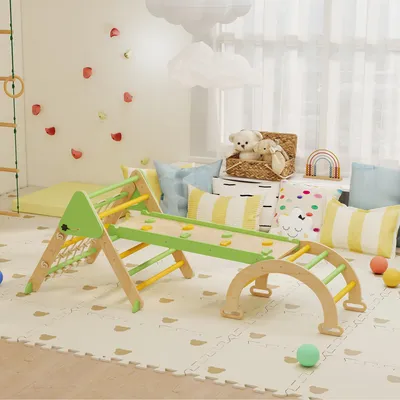 Produktbild von 8-in-1 Montessori Klettergerüst Indoor Holz Kletterdreieck mit Kletterbogen, doppelseitiger Rutsche, Pappelkern, Kiefernfuniersperrholz, 68