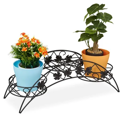 Produktbild von Blumenständer, 3 Ablagen, gebogener Pflanzenständer, für drinnen und draußen, antik, Eisen, H x B x T 21 x 55 x 19 cm, schwarz