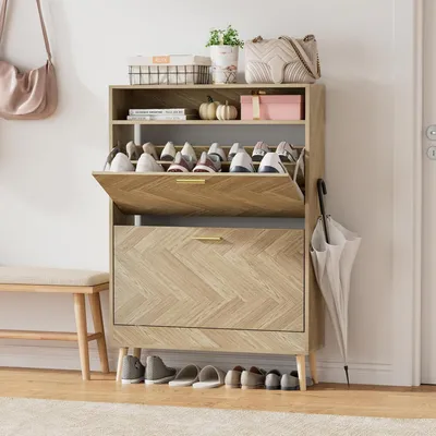Obrázok produktu pre Skriňa na topánky, 2 dvierka, úzka, drevená, s nastaviteľnou priehradkou, pre 8-16 párov topánok, rozmer 24 x 80 x 115 cm, buk