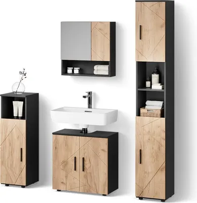 Image de Ensemble de meubles de salle de bain Livinity Ronco Chêne doré/anthracite 4 pièces, avec armoire haute, Model 52661