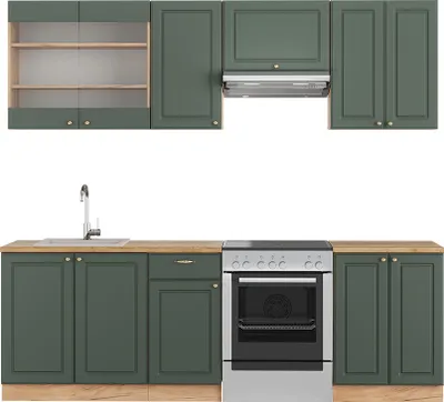 Produktbild von Vicco Küchenzeile Fame-Line, 240 cm ohne Arbeitsplatte, Grün-Gold Landhaus/Goldkraft Eiche