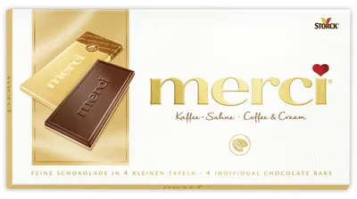 Produktbild von STORCK Merci Tafel Kaffee-Sahne, 100 g, Milchschokolade, 4 Stück(e), Zucker, Kakaobutter, SAHNEPULVER (11,4%), VOLLMILCHPULVER (11%), Kakaomasse, MOLKENERZEUGNIS,..., Milch, Nüsse, Erdnüsse, 558 kcal