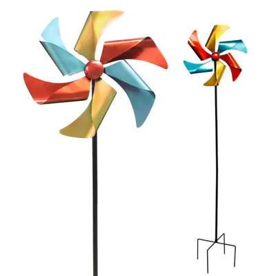 Produktbild von Windrad Windspiel Metall Gartendeko Balkon Terrasse Erdspieß rot gelb petrol