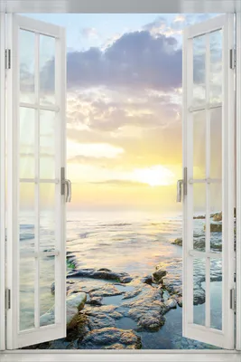 Produktbild von Wallario Wandbild aus Acryl, 60 x 90 cm, freischwebende Optik - Sonnenuntergang über dem Meer mit Fenster-Illusion