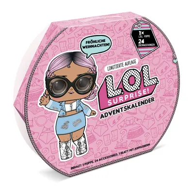 A pink hexagonal box for an L.O.L. Surprise! Advent Calendar, featuring a doll illustration and festive text.
