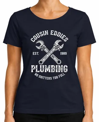 Imagen del producto de Camiseta para mujer de la marca "Cousin Eddies Plumbing", modelo "No Shitters Klempner", color azul marino, talla L