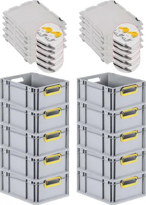 Produktbild von SuperSparSet 10x Eurobox NextGen Color mit Scharnierdeckel und Schiebeschnappverschlüssen | HxBxT 17x30x40cm | 16 Liter | Grau | Griffe gelb offen | Glatter Boden | Eurobehälter, Transportbox, Transportbehälter, Stapelbehälter