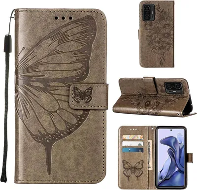 Produktbild von Xiaomi 11T Pro Hülle, Schmetterling Prägung Flip Leder Kartenfächer Schutzhülle Ledertasche mit Ständer für Xiaomi 11T／11T Pro 5G Grau