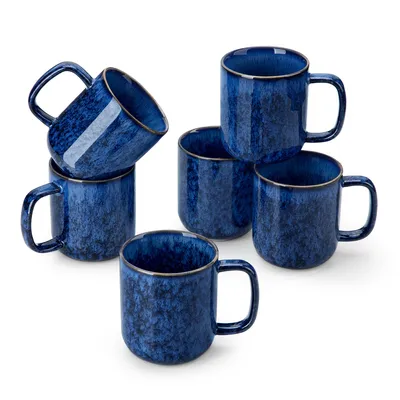 Image de Ensemble de tasses VANCASSO, 6 pièces, en grès, capacité de 360 ml, gobelets à boire, tasses à café avec anse, couleur bleue