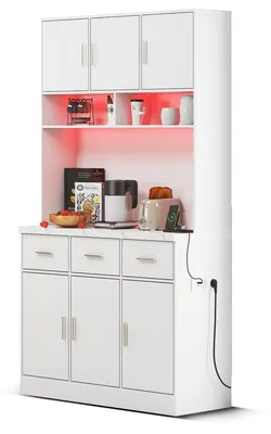 Produktbild von 100x40x180cm Küchenschrank in Weiß mit LED-Beleuchtung, APP-Steuerung, Steckdose und Schubladen