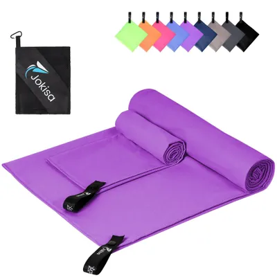 Produktbild von Jokisa Mikrofaser Handtuch 2er Set, 180X90cm Strandtuch Mikrofaser + 80X40cm Sporthandtuch, Schnelltrocknendes & Sandfrei Handtücher für Outdoor Sauna Strand Trekking (Lila)