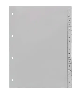 Produktbild von europrotokoll Ordnerregister A-Z, neutral, ohne Deckblatt, 20-teilig, DIN A4, Register aus PP, strapazierfähige Trennblätter für Ordner, lichtgrau