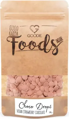 Obrázek produktu pro Goodie Choco Drops - pink (růžová jahoda) čokoláda vegan 150 g