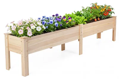 Immagine prodotto di COSTWAY Aiuola rialzata, fioriera rialzata con 2 scomparti per piante, pannelli rimovibili e fori di drenaggio. Fioriera in legno di abete, 240x43,5x51,5 cm, colore naturale