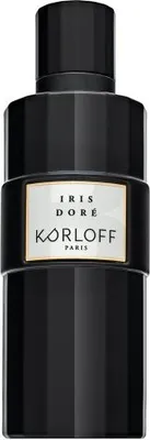 A black perfume bottle with a gold and white label.