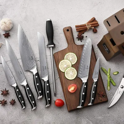 Image de Set de couteaux de cuisine professionnel 9 pièces avec aiguiseur de couteaux et ciseaux