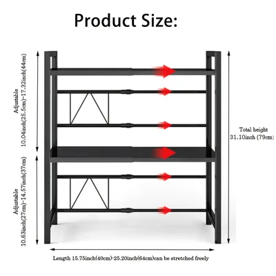 Zdjęcie produktu dla Półka na mikrofalówkę - 3-poziomowa półka kuchenna - Wysuwana i regulowana - Oszczędza miejsce na blacie - Z 6 haczykami - Metalowa półka - Czarna