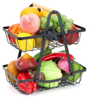 Image de Panier à fruits à deux niveaux - Support métallique portable - Noir