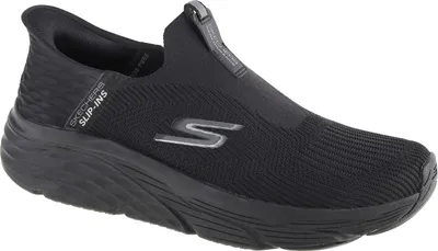 A single black Skechers slip-on shoe is shown from a side-diagonal angle against a white background.