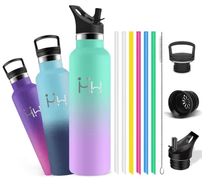 Produktbild von Trinkflasche Edelstahl, Trinkflasche 1l, Thermos mit Strohhalm Bürsten