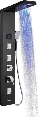 Produktbild von Duschpaneel Schwarz Matt, mit Amatur,Duschpaneel mit LED und Temperaturanzeigen, 5 in 1 Duschpaneel Edelstahl 304, Regendusch, Wasserfall Handbrause